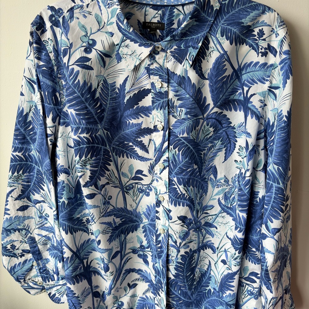 Talbots Blue and White Tropical Leaf Print Shirt